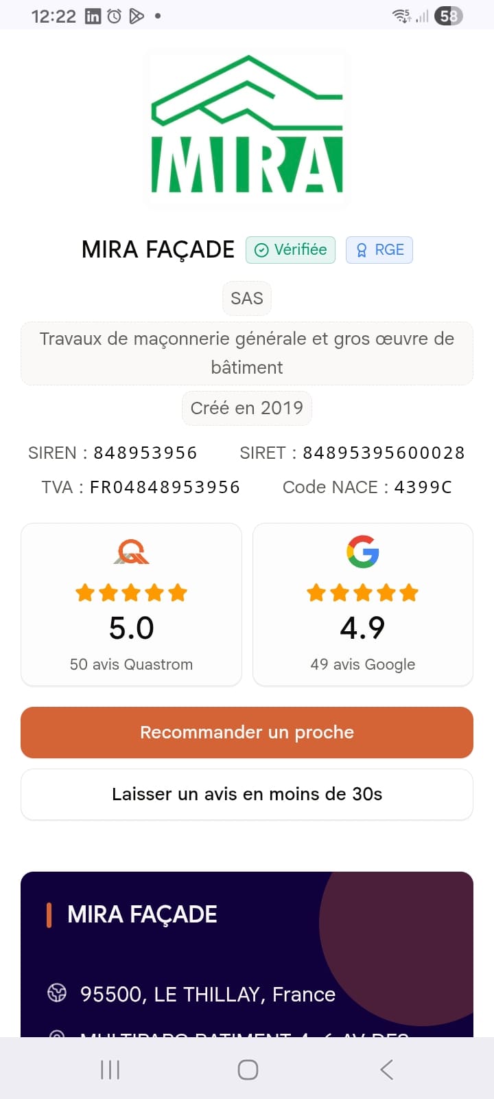 Fiche Mira Façade sur Quastrom note 5.0 cinquante avis vérifiés badge RGE artisan Île-de-France