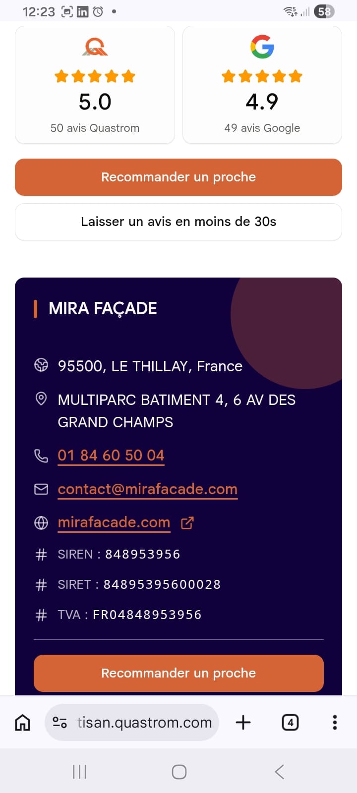 Fiche Mira Façade Quastrom notes 5.0 Quastrom 4.9 Google bouton recommander et avis artisan façade ITE