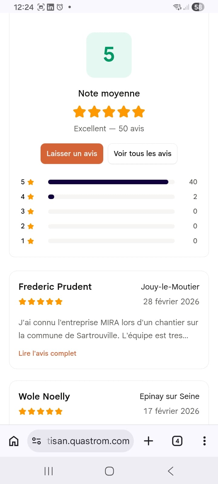 Détail avis clients certifiés Mira Façade Quastrom note moyenne 5 cinquante avis façadier ITE