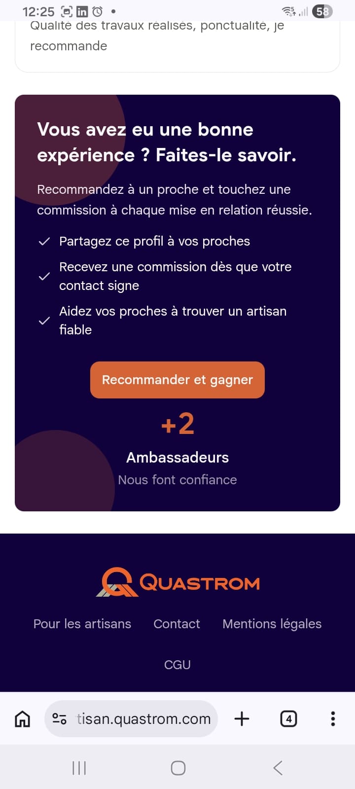 Bloc ambassadeur fiche Quastrom Mira Façade recommander un proche toucher commission mise en relation réussie